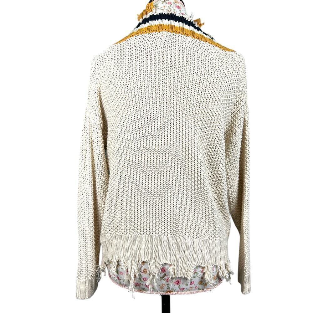 Elan Knit Distressed Fringe Frayed Varsity Stripe Sweater Blue Gold Cream Medium - Picture 3 of 7